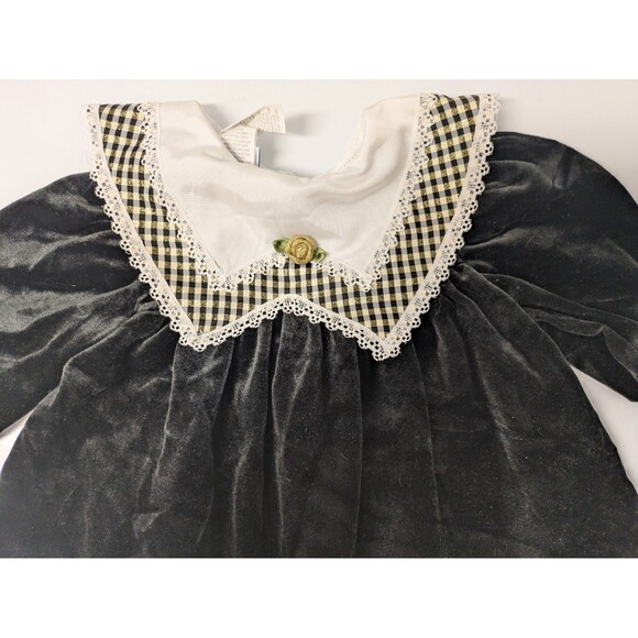 Vintage Little Precious Toddler Black Crushed Velvet Dress sz 2T Lace Plaid Gold - Picture 2 of 13